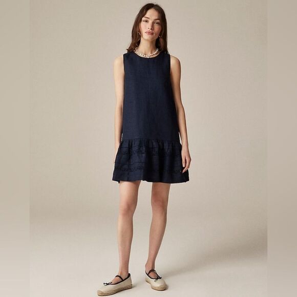 NWT J CREW PETITE Maxine Ruffle-Trim Linen Mini Dress in Navy - Picture 2 of 7